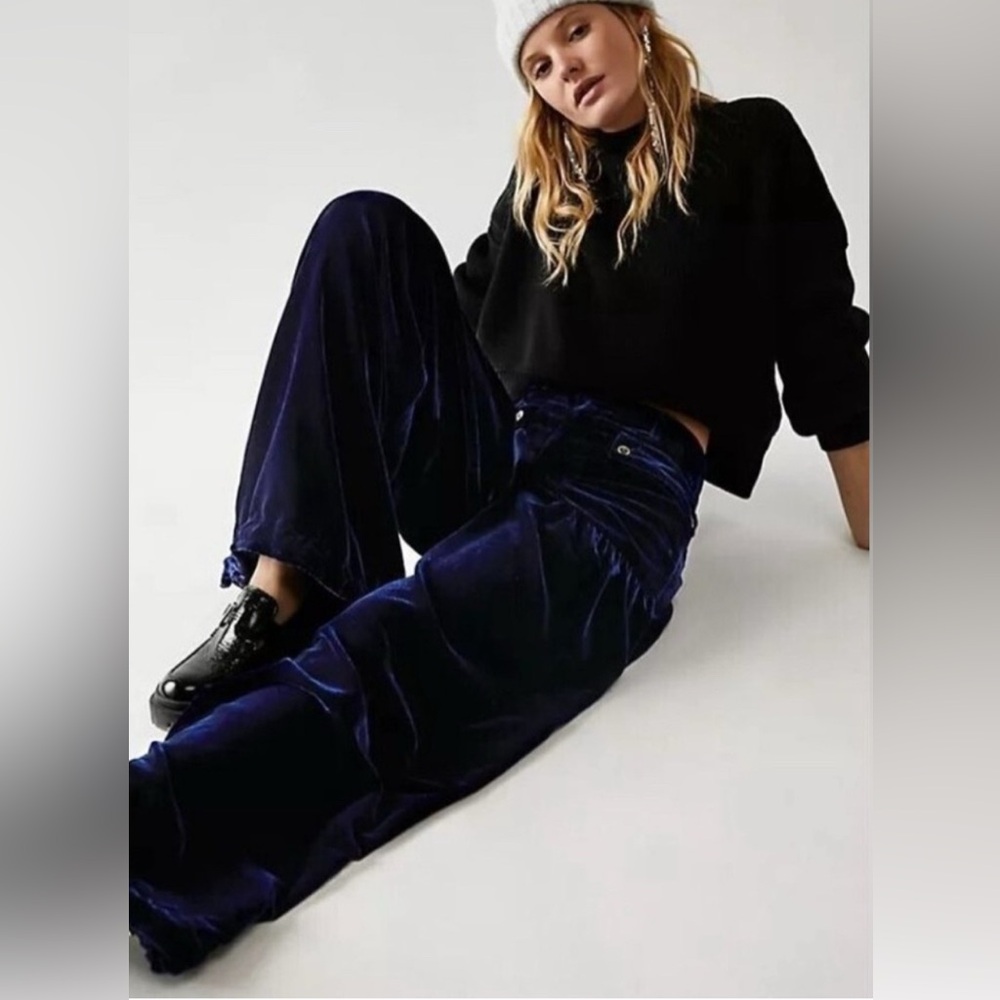Free People  Lotus Ocean Blue Lush Tie Balloon Leg Velvet Pant SZ 27 NWT